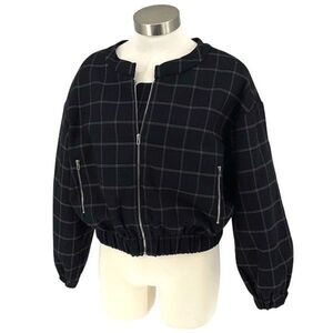 Line + Dot Womens Check Print Full Zip Long Sleeve‎ Bomber Jacket Black Small